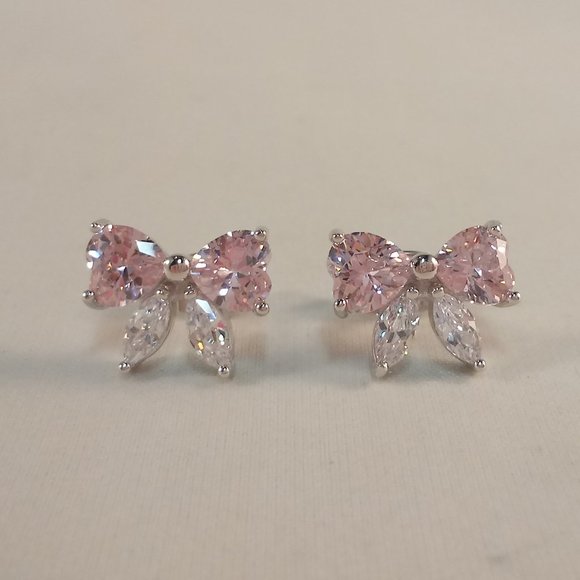 18K White Gold Filled Heart Bow Pink Diamond Topaz Zircon Stud Earrings Gift - Picture 2 of 6